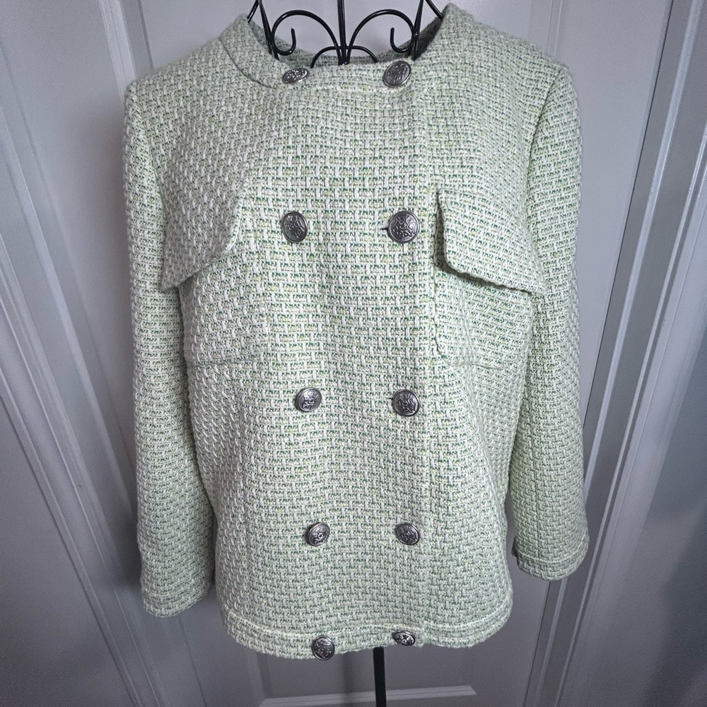 Talbots NWOT Women's Green‎ and Cream Tweed Double-Breasted Blazer/Jacket